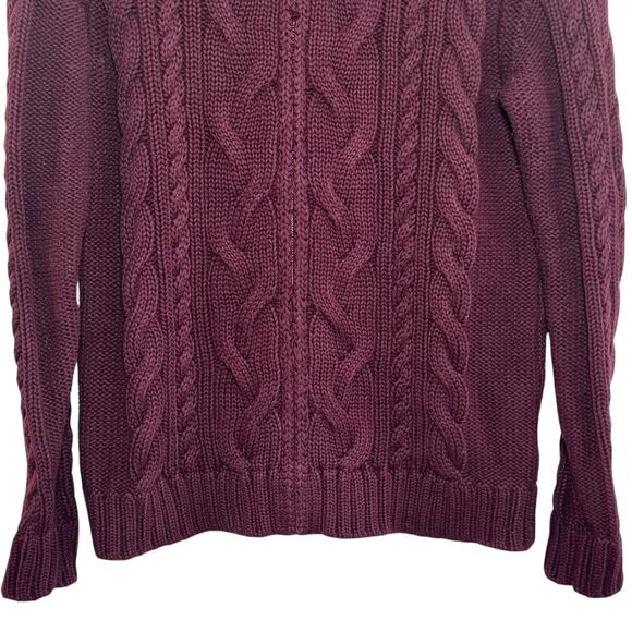 L.L. Bean Women's Medium Maroon Cable Knit High Collar Cotton Zip Up Sweater - Picture 3 of 7